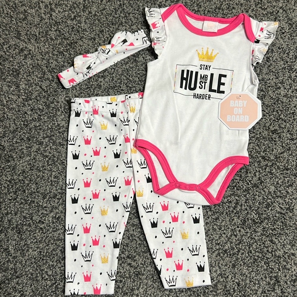 Baby on Board Stay Humble/Hustle Harder 3 PC Outfit Size 6-9 Months NWT